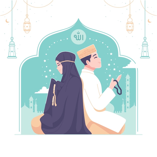 islamic couple praying illustration background