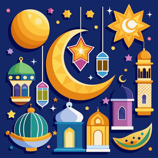 Vector islamic crescent moon and stars with hanging lanterns