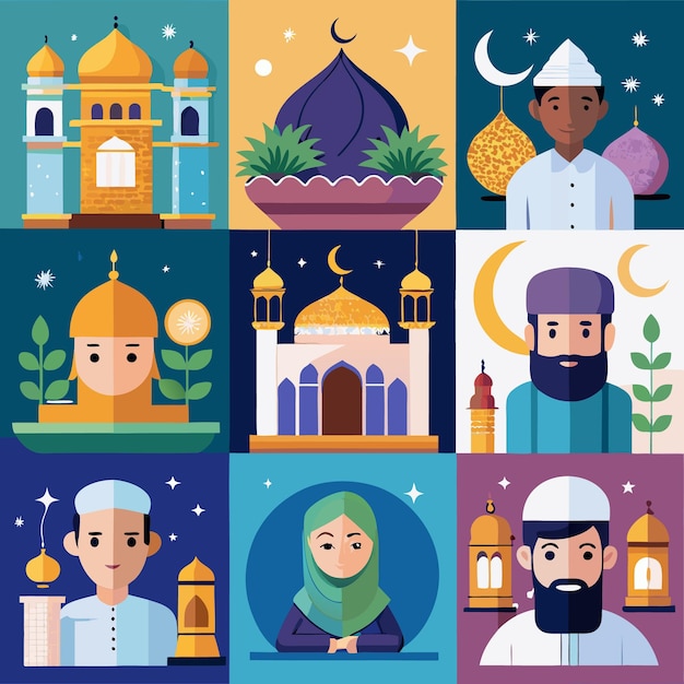 Vector islamic culture mosque architecture ramadan traditions and muslim people illustrations