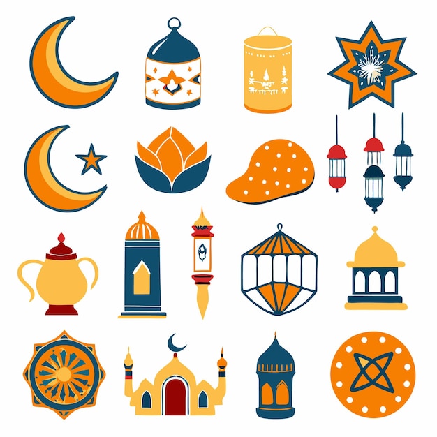 Vector islamic design elements crescent moon star lanterns and mosque illustration