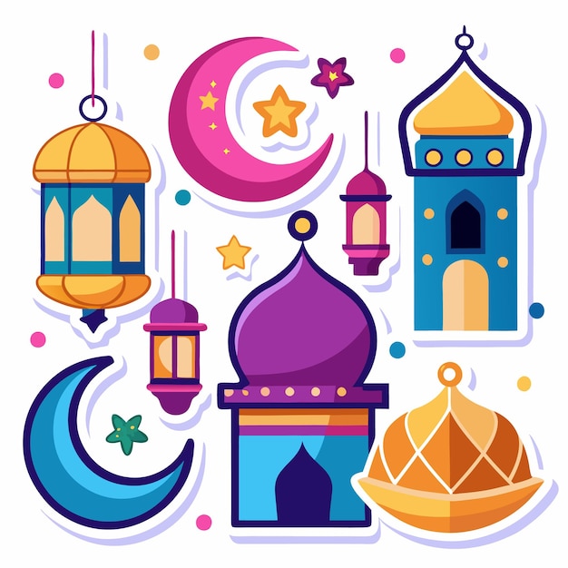 Islamic design elements with crescent moon mosque stars lanterns and domes