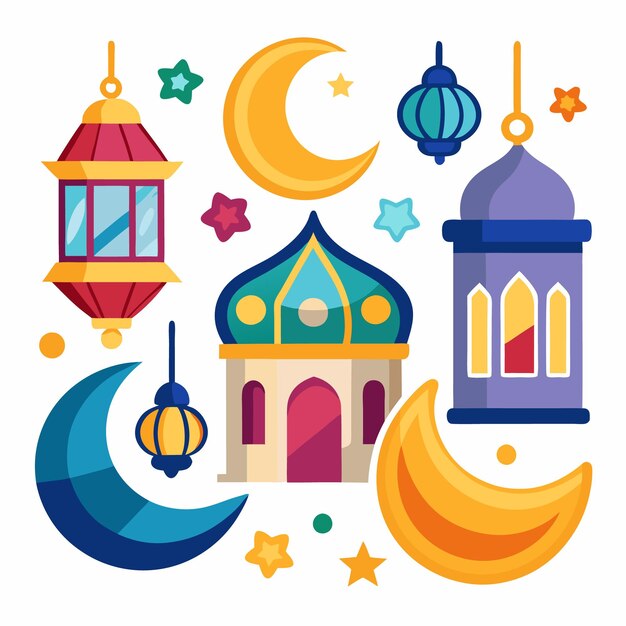 Vector islamic design with mosque crescents and lanterns