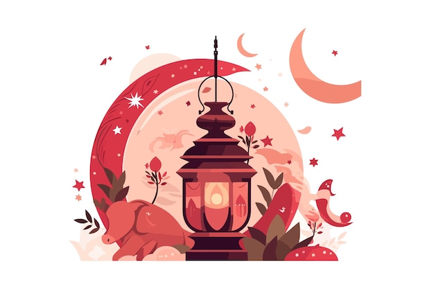 Islamic Eid cute lantern and seasoning and crescent moon and vector Illustration White background