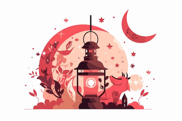 Islamic Eid cute lantern and seasoning and crescent moon and vector Illustration White background