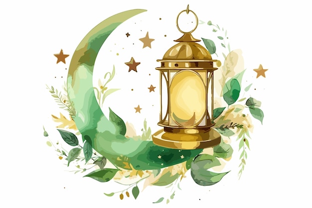 Islamic Eid cute lantern and seasoning and crescent moon and vector Illustration White background