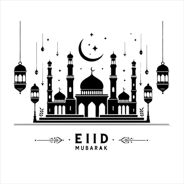 Islamic eid mubarak stylish greeting with mosque and lamps silhouette vector