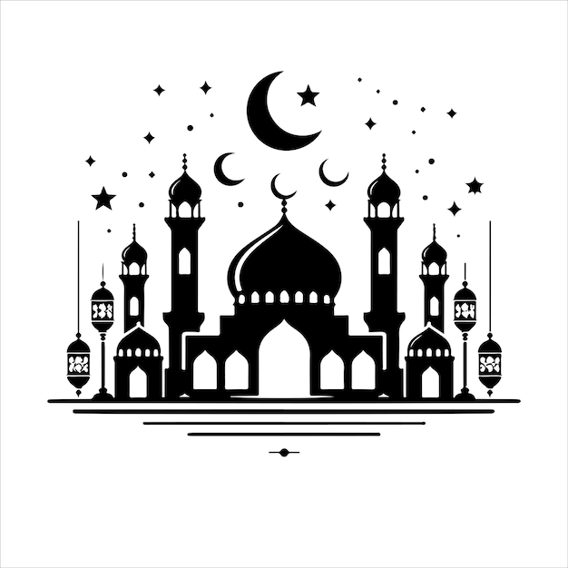 Islamic eid mubarak stylish greeting with mosque and lamps silhouette vector