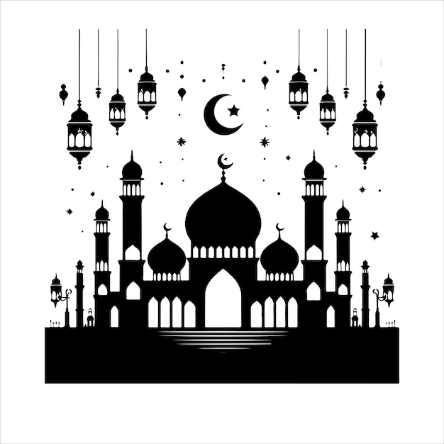 Islamic eid mubarak stylish greeting with mosque and lamps silhouette vector