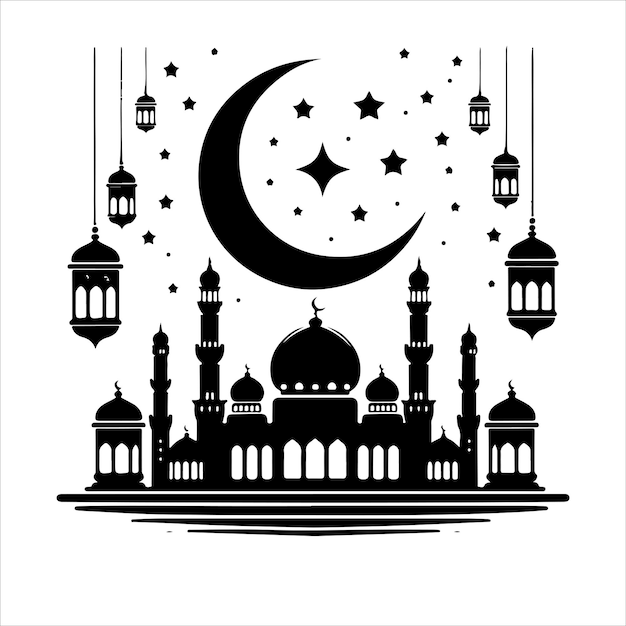 Islamic eid mubarak stylish greeting with mosque and lamps silhouette vector