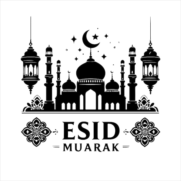 Islamic eid mubarak stylish greeting with mosque and lamps silhouette vector