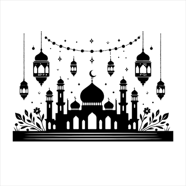 Islamic eid mubarak stylish greeting with mosque and lamps silhouette vector