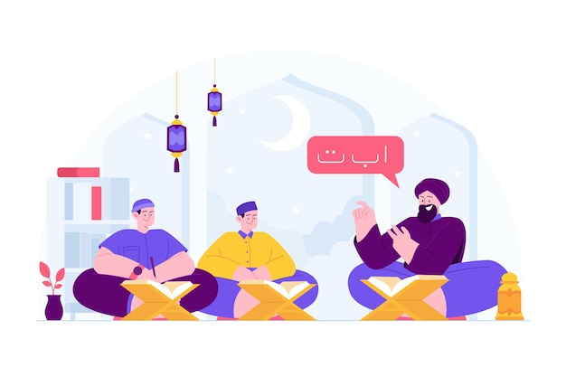 Islamic Family Ramadan Kareem Flat Concept Illustration with people reading quran at home together