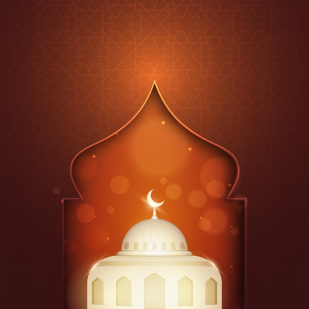 Islamic Festival Celebration Concept With Glossy Mosque Illustration On Brown Bokeh Islamic Pattern Background