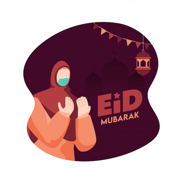 Islamic Festival  Concept with a Muslim Female wearing mask on occasion of Eid. Eid Mubarak concept during Covid-19.