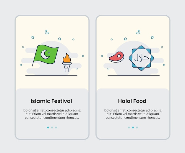 Islamic festival and halal food icons onboarding template for mobile ui user interface app application design vector illustration