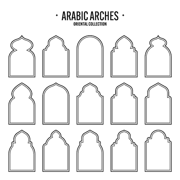 Islamic frames oriental style objects Arabic shapes windows and arches Traditional ornamental banner frame Muslim holidays Ramadan Kareem Modern eastern architecture Vector illustration