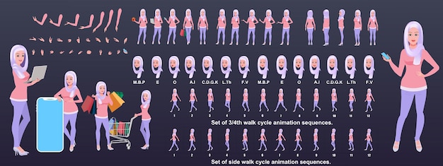 Vector islamic girl character design, animation poses character set