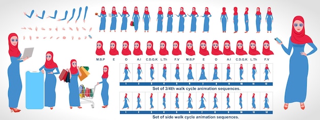 Islamic Girl Character Design, animation poses Character set