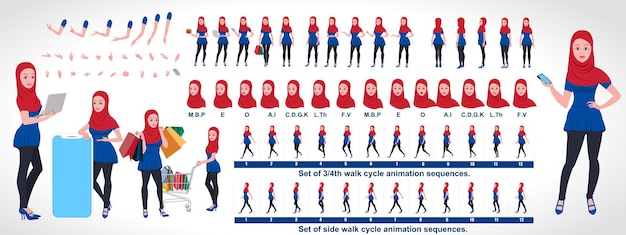 Islamic Girl Character Design, animation poses Character set