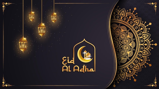 Islamic greeting card design with golden Mandala and hanging lanterns Eid Mubarak background