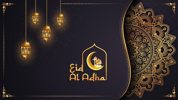 Islamic greeting card design with golden Mandala and hanging lanterns Eid Mubarak background