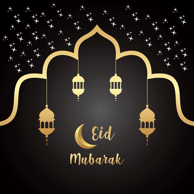 Islamic greeting eid mubarak card design with beautiful gold crescent moon Premium Vector