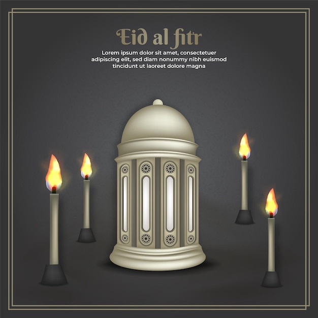 Islamic greeting happy eid mubarak with lantern and flambeau