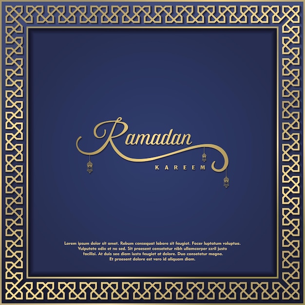 Islamic greeting ramadan kareem card square background blue gold color design for islamic party