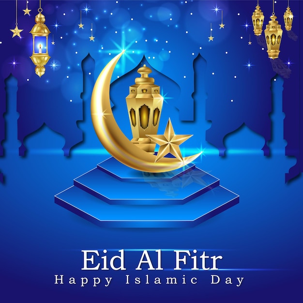 Islamic greeting Set of vector Golden Eid al Fitr background podium with arabic text Blessed Feast