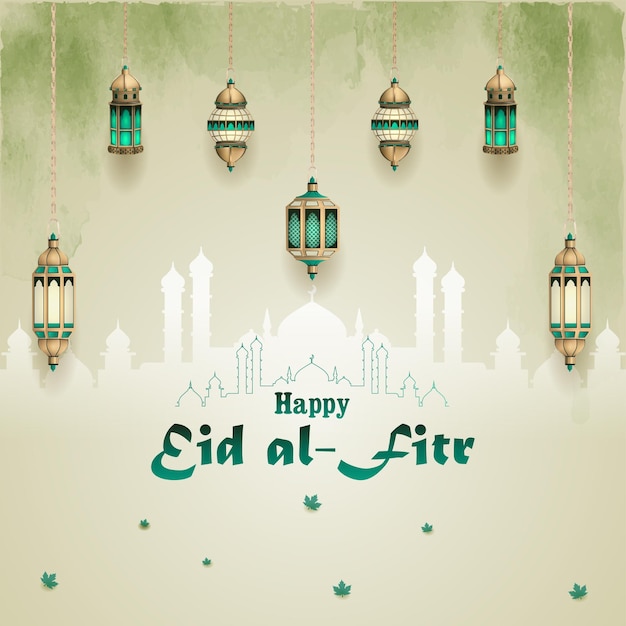 Islamic greetings eid al fitr card design with beautiful lantern decoration