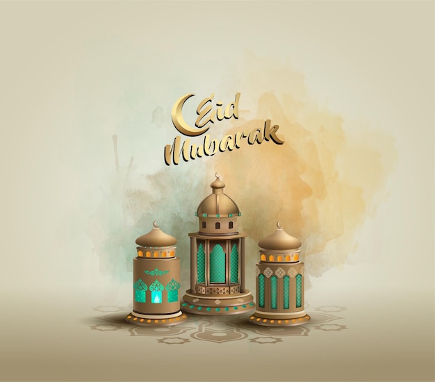 islamic greetings eid mubarak card design with golden lanterns