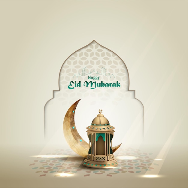 islamic greetings eid mubarak card design with lantern and crescent moon