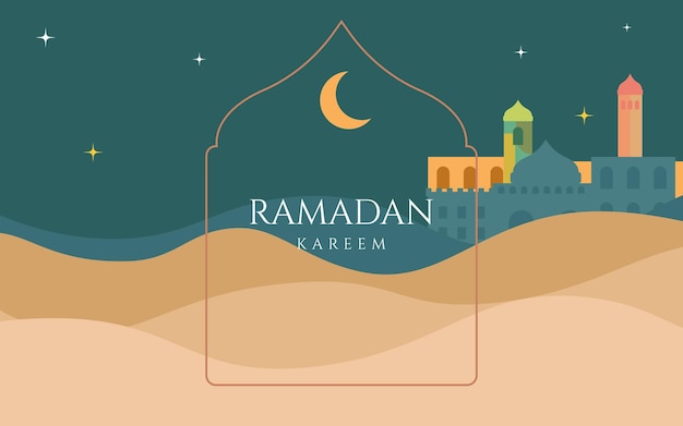 Islamic greetings ramadan kareem card design background with beautiful landscape