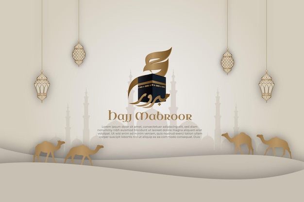 Islamic Hajj Mabroor Template the celebration of Muslim Paper Cut Style With Kaaba 3d