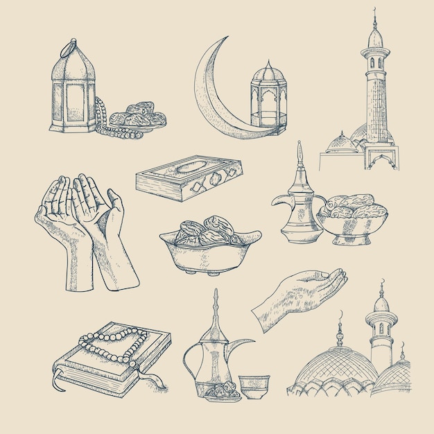 Islamic hand drawn vector illustration Included Muslim pray mosque religion hand drawn vector illustration