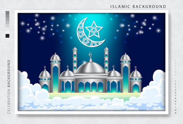 Islamic holiday celebration banner designed with crescent moon and illustration of mosque