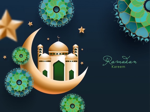 Islamic holy month of Ramadan Kareem Concept with golden crescent moon and mosque, exquisite floral pattern, and star on teal blue background.