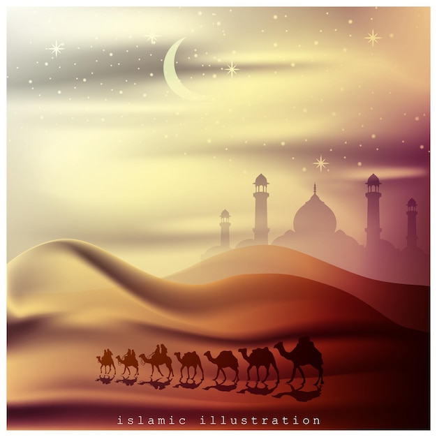 Islamic Illustration Background vector design with beautiful desert and arabian on camels