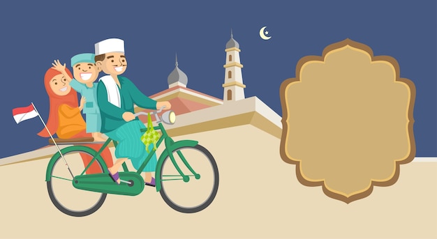 Islamic illustration of people riding bicycles to the mosque to welcome Ramadan Eid alFitr