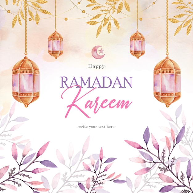 Islamic lantern and floral ornament painting on ramadan kareem background