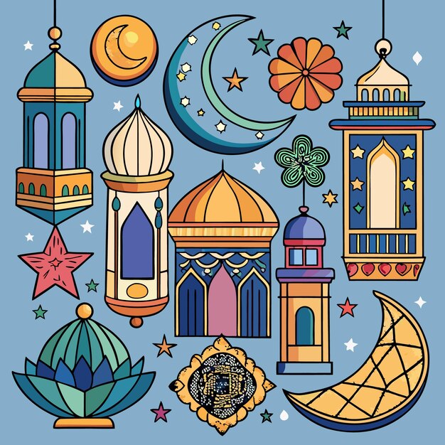 Vector islamic lanterns and ramadan decor icons