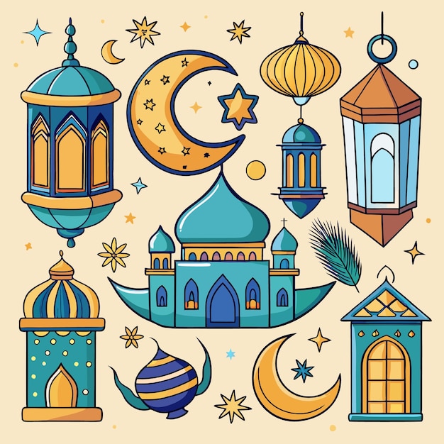 Vector islamic lanterns and ramadan decor icons