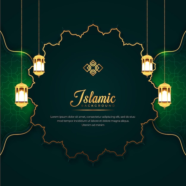 Islamic Luxury Dark Green Greeting Card Vector Background with Islamic Border