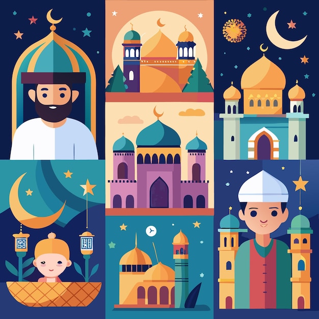 Vector islamic mosque architecture and design ramadan celebration night sky crescent moon stars