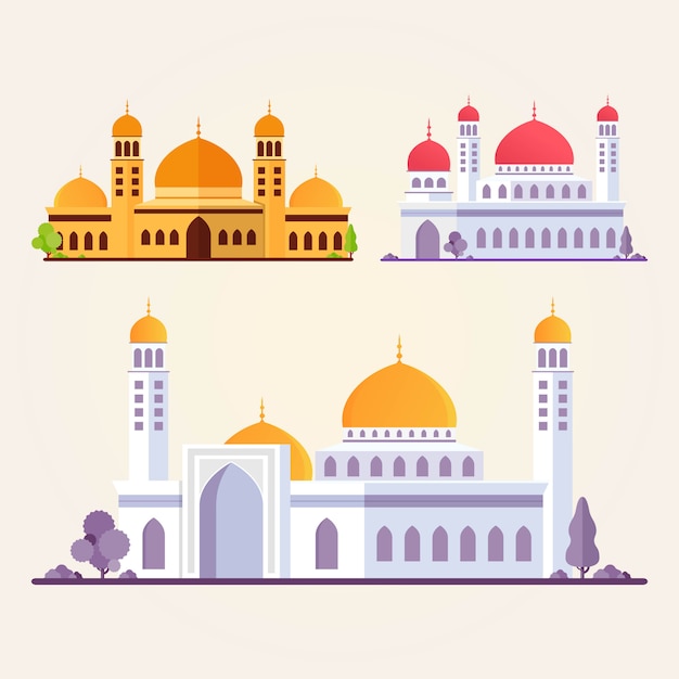 Islamic mosque building set flat illustration