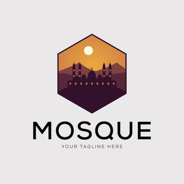 Islamic mosque in desert badge logo vector illustration design