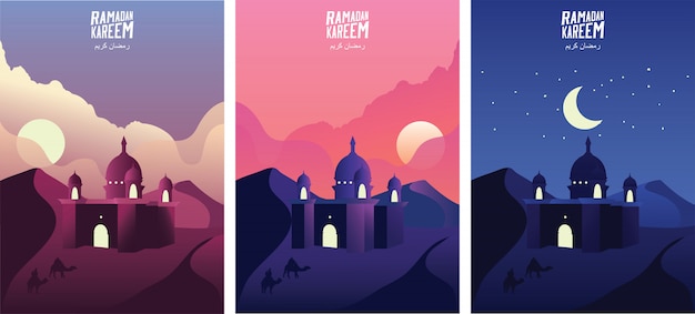 Islamic mosque in the desert sand at sunrise, sunset and night. Ramadan kareem greeting banners set template vector illustration. - Vector