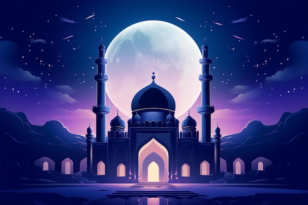 Islamic Mosque At Night With Beautiful Moon