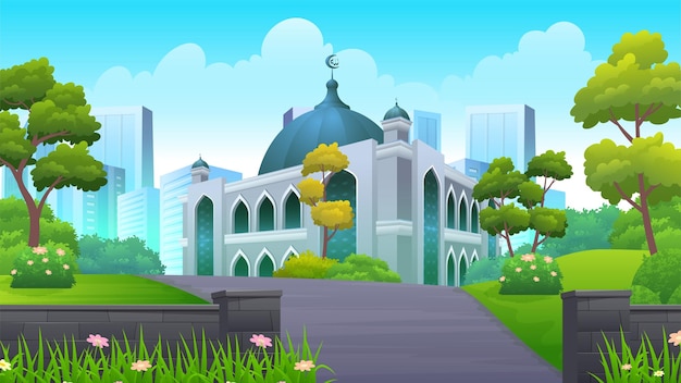 Islamic mosque with green yard, bush and trees vector illustration