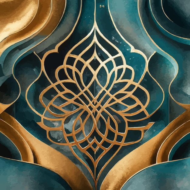 Islamic motif geometric star patterns gold and teal tones digital art soft lighting high detail